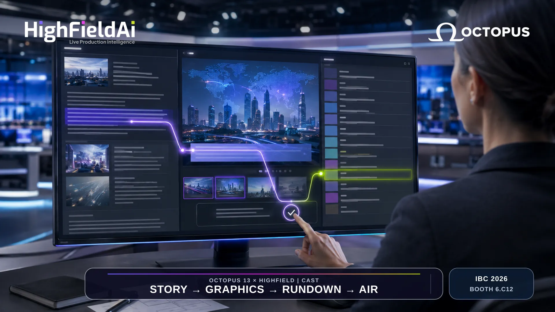 A newsroom screen tracing one story into a graphic and on into the rundown, approved by hand